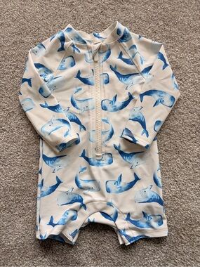 Old Navy White and Blue Whale Zip-Front Infant Swimsuit